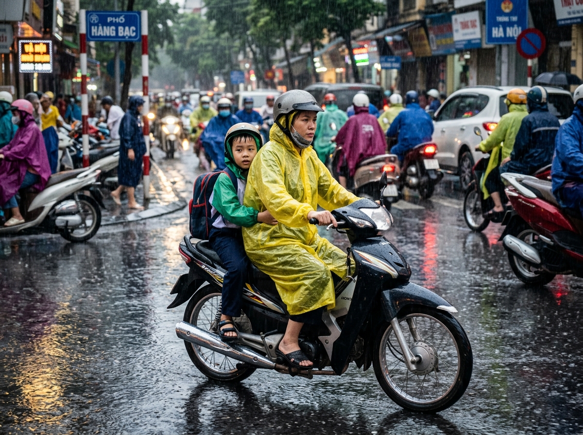 Trời mưa chở con bằng xe máy